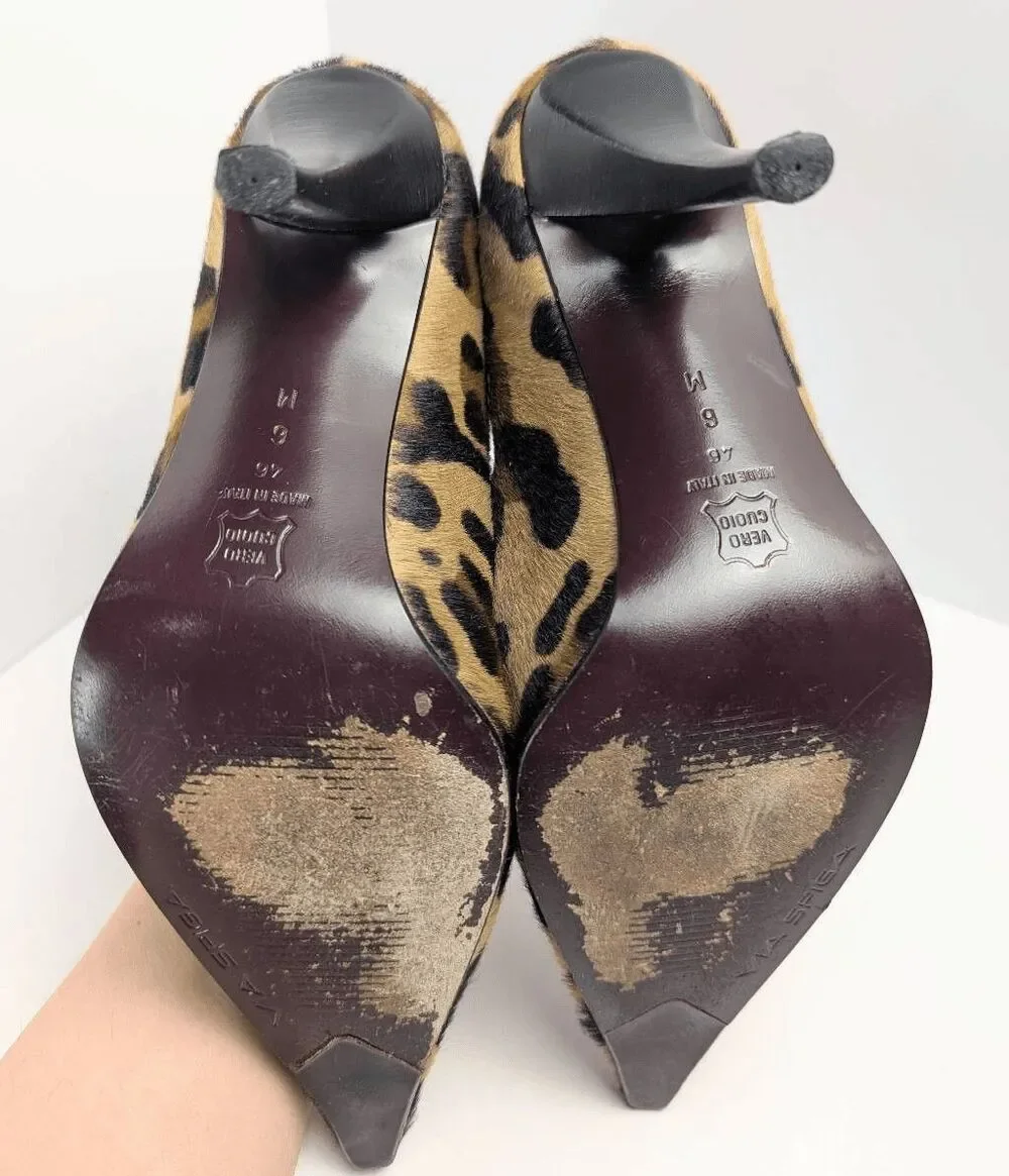 Vintage Via Spiga animal print calf hair pointed toe leather bow heels womens 6